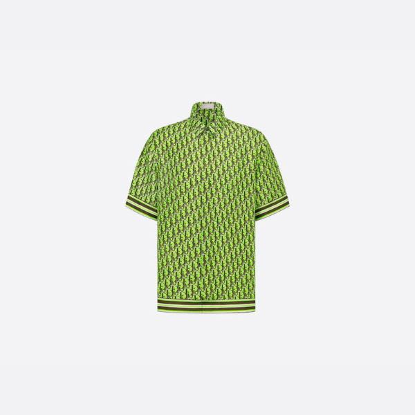 DIOR OBLIQUE PIXEL SHORT-SLEEVED SHIRT Fluorescent Green and Khaki Silk Twill