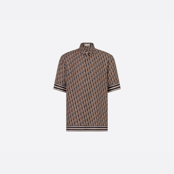 DIOR OBLIQUE PIXEL SHORT-SLEEVED SHIRT Deep Blue and Brown Silk Twill